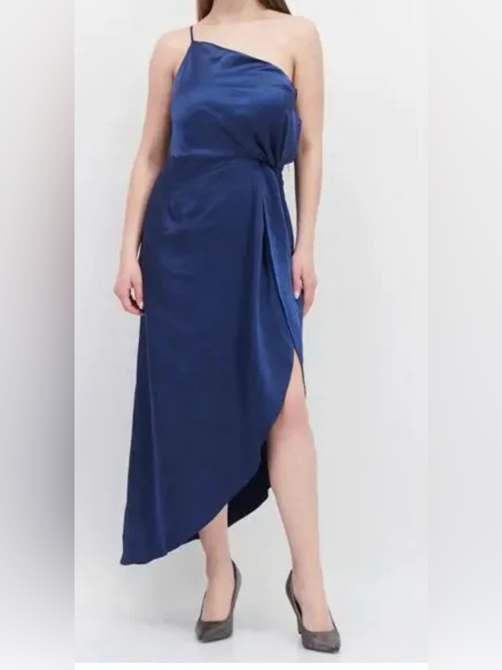 NEW O.P.T NAVY BLUE IVY ONE SHOULDER SATIN MIDI DRESS SZ XS ANTHROPOLOGIE